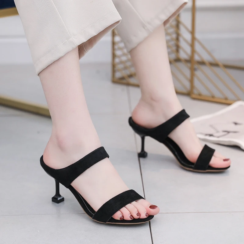 

New Summer Women Sandals Flock Sandals Female Peep Toe High Heels Fish Mouths Elegant Plus Size Ladies Shoes Slip On Sexy Pumps