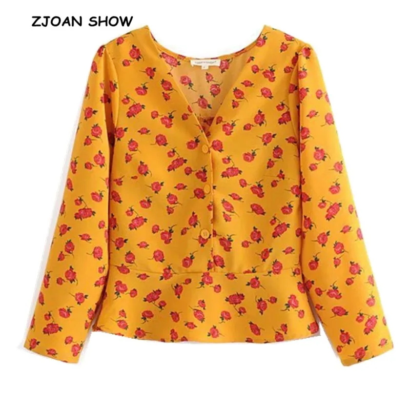 Retro Deep v neck RED Rose Flower Print Shirt 2019 New Woman Single