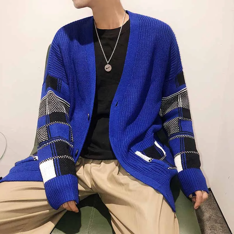 Check Button Cardigan Male Oversize Loose Streetwear Sweater Men Harajuku Cashmere Coat Modis High Street v Neck Pull Homme - Цвет: Blue