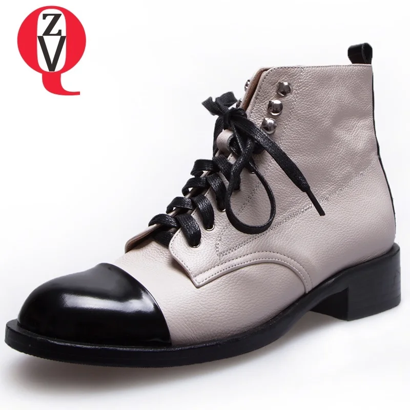 

ZVQ botas mujer 2018 newest mixed color genuine leather ankle boots cross-tied lace-up winter outside comfortable women shoes