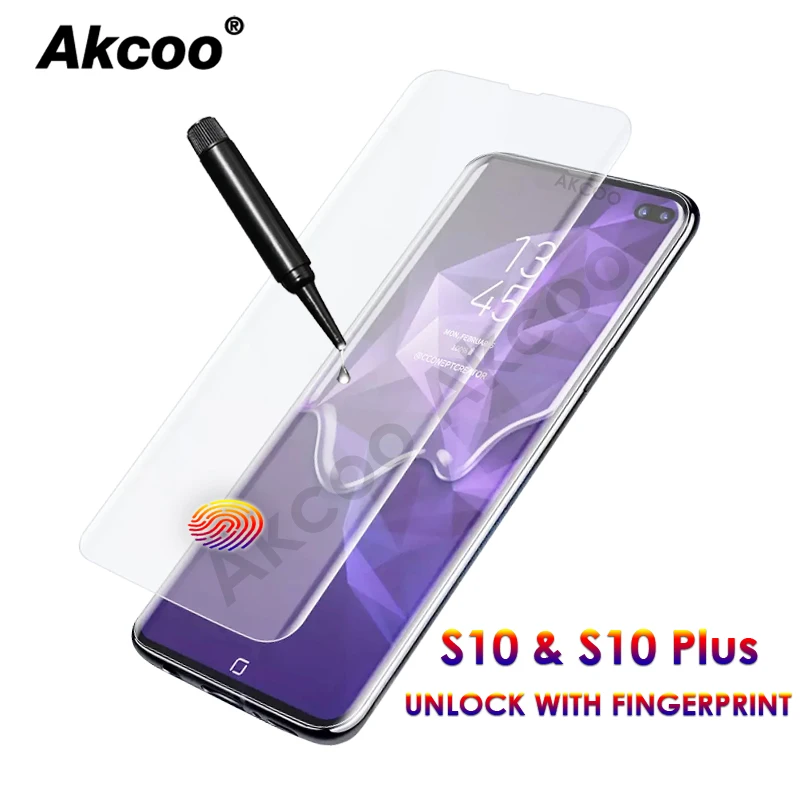 Akcoo S10 Plus закаленное стекло Полный Клей протектор экрана для samsung Galaxy S8 9 Plus Note 8 9 10 UV стекло протектор экрана