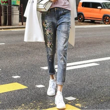 Женские рваные джинсы ручной работы вышивка шаровары джинсовые брюки женские длиной до щиколотки свободные брюки карандаш Высокая уличная мода
