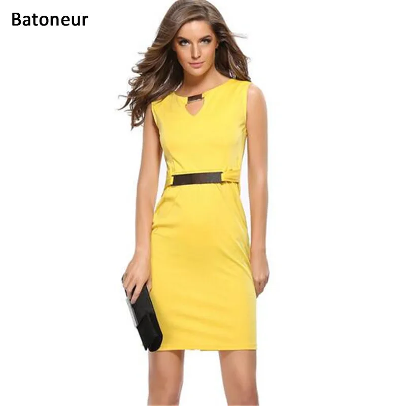 Yellow Color Dress Metal Buckle V Neck Sleeveless 2017 Summer Office