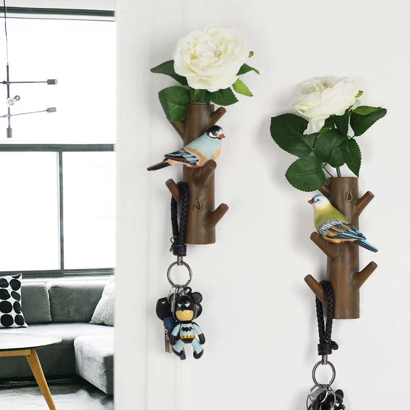 

4 Styles American Decorative Hook Resin Model Creative Resin Bird Entrance Animal Key Hook Bird Hook with Flower Wall Hanging