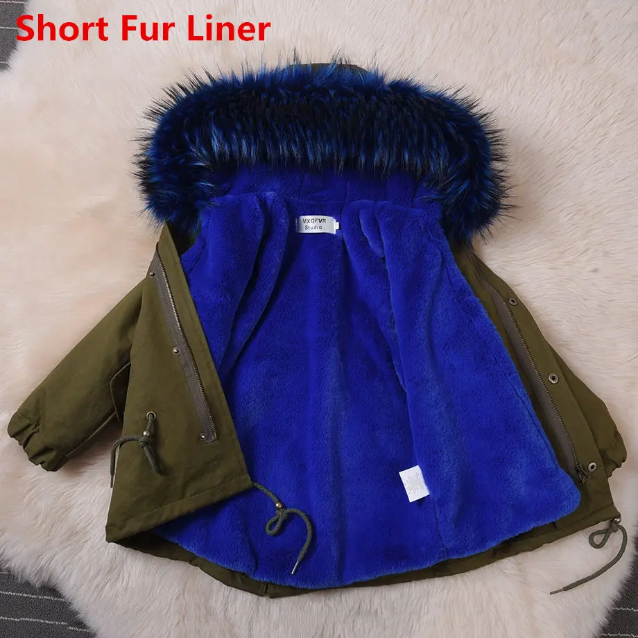 Пальто с мехом для мальчиков и девочек; парки; зимние детские куртки с большим меховым воротником; пальто со съемной подкладкой из лисьего меха; детская плотная теплая верхняя одежда с капюшоном - Цвет: B Short Fur Liner