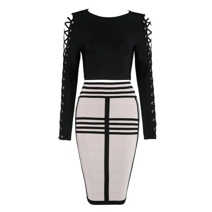 Top Quality HL Celebrity 2 Pieces Set Black Long Sleeve Knee Length Rayon Bandage Dress Cocktail