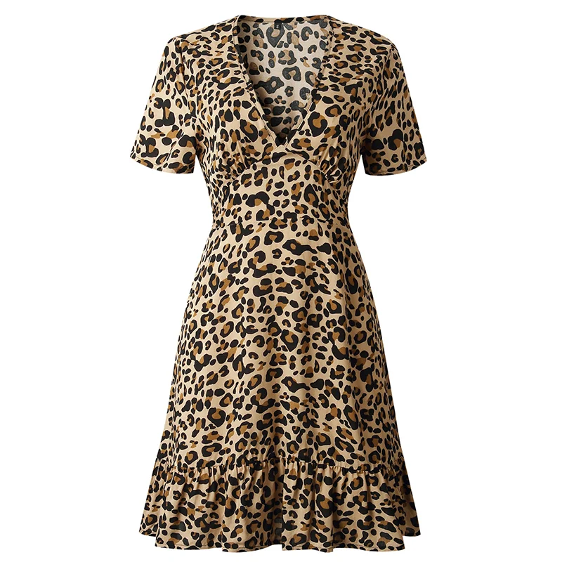 Forefair Print Leopard Dress sexy women short sleeve v neck Ruffle high waist Hem mini a line casual summer dress 2019 vestidos (24)
