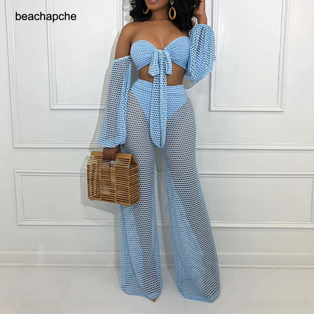 

Sexy Off The Shoulder 2 Piece Set Jumpsuit See Through Fish Net Mesh Club Party Overalls Wide Leg Elegant Jumpsuits Rompers