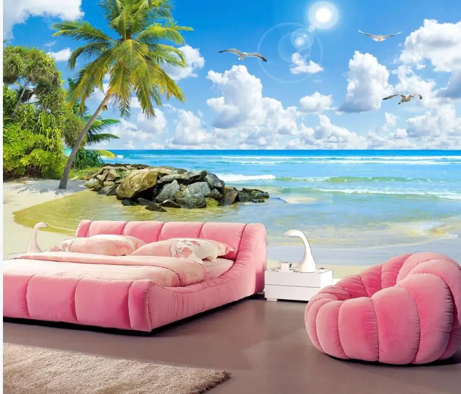 Seascape coconut tree beach HD landscape painting living room TV background wall modern living room wallpapers Seascape coconut tree beach HD landscape painting living room TV background wall modern living room wallpapers