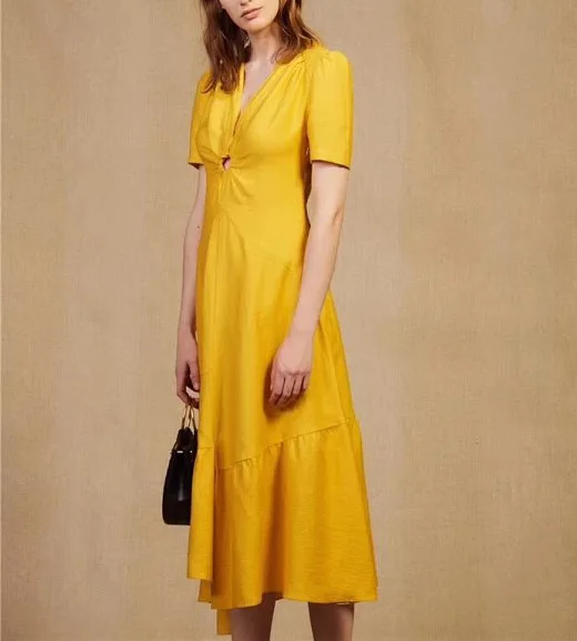 

Yellow V Neckline Ruffle Asymmetric Short Sleeve Midi Dress - 2019 Spring Summer Women Fashion Casual Dress