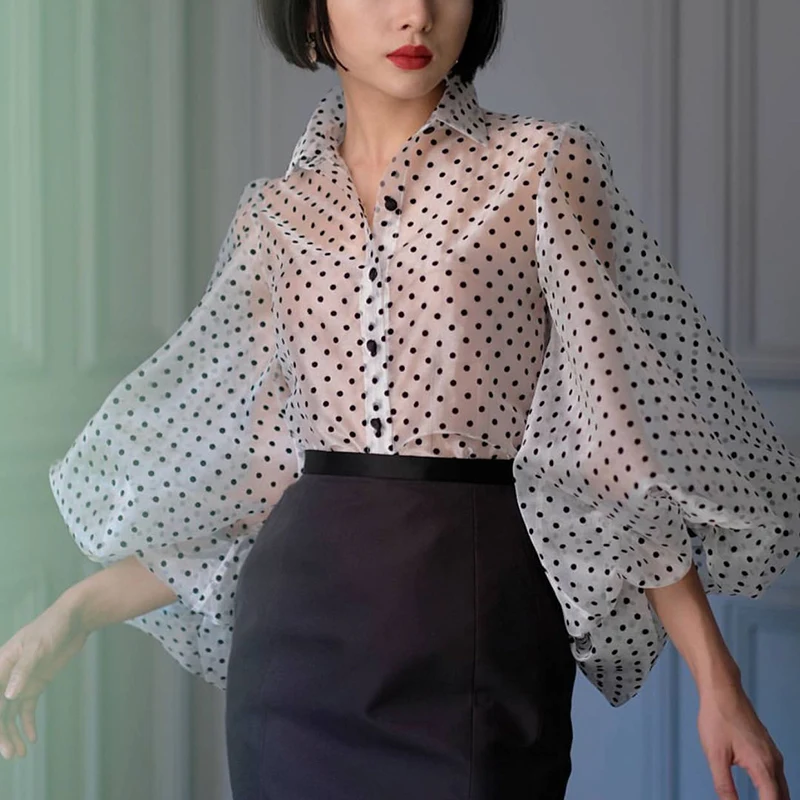 [MENKAY] винтажная рубашка с буфами на рукавах однобортный Кардиган, женская блуза размера плюс Прозрачные топы корейская модная одежда