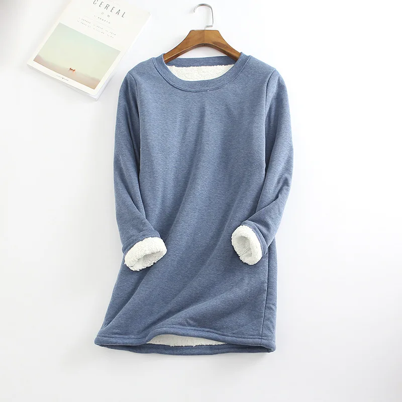 Зимняя хлопковая теплая Женская футболка из овечьей шерсти размера плюс, плотное флисовое термобелье с длинным рукавом, топы, розовая футболка tumblr M L Tee - Цвет: Синий