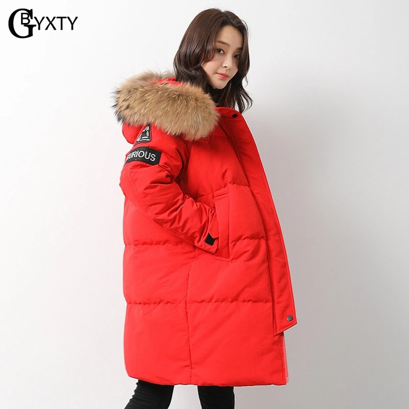

GBYXTY Warm Thick Down Parka 2018 Winter Women Real Raccon Fur Collar Long Hooded Duck Down Jacket and Coat Puffer Jacket ZA1080