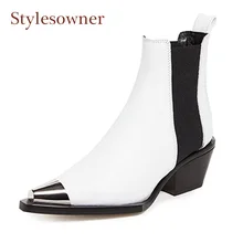 

Stylesowner hot sale genuine leather slip on ankle boots women metal pointed toe chunky heel casual martin short boots females