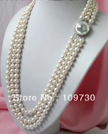 

Jewelry 001472 3strands 24" 10mm white round freshwater pearl Necklace hope pearl silver clasp