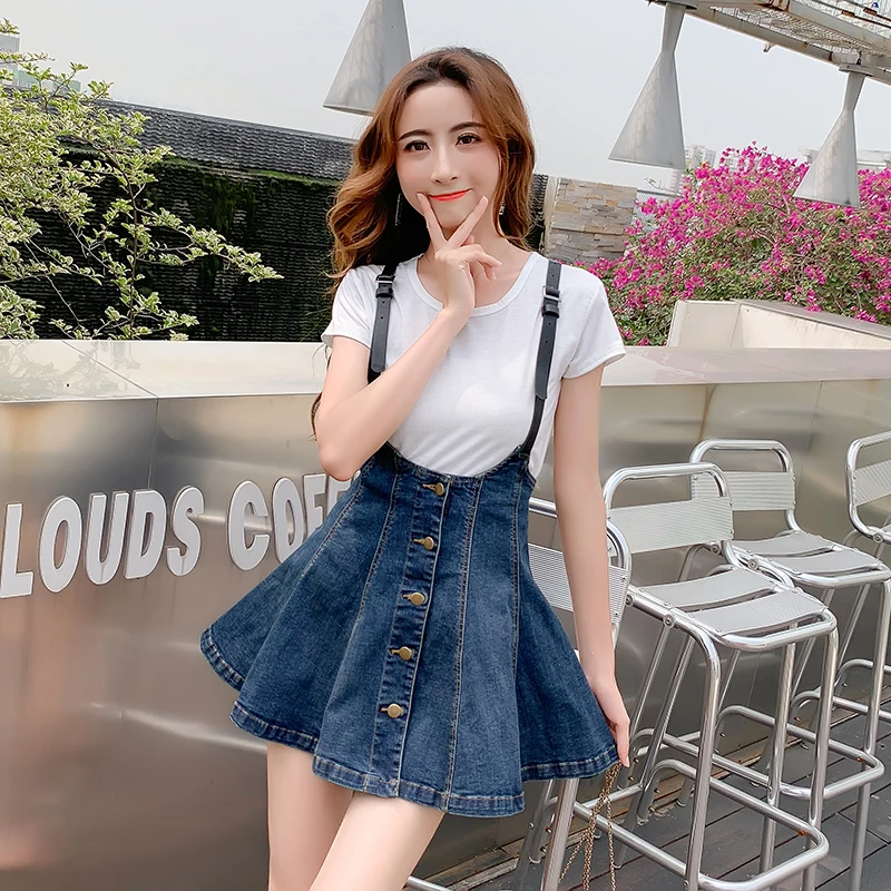 

Korean High Waist Sling Jeans Skirt Women's Summer Clothes Fashion Button Casual Short Mini Blue Pleated Jean Skirt Streetwear