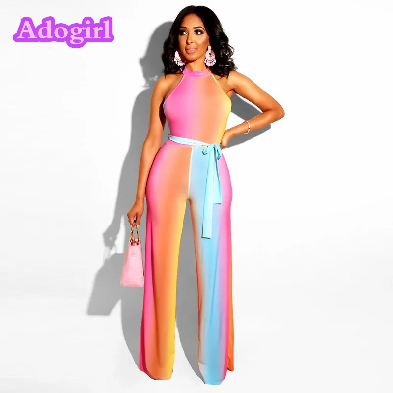 

Sexy Colorful Tie Dyed Print Halter Jumpsuit Woman Sleeveless Bodycon Skinny With Belt Night Club Stretchy Lace Up Playsuit
