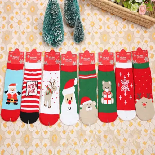 Мягкие хлопковые рождественские носки для маленьких мальчиков и девочек Теплые носки в полоску с изображением оленя, оленя, медведя и снежинки для малышей 1-4 лет