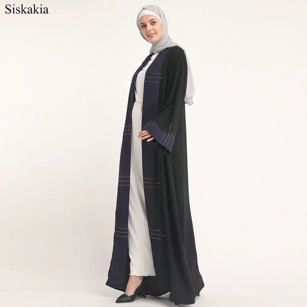 Siskakia Muslim Fashion Color Block Stitching Cardigan Robe Abaya Women Turkish Dubai Ramadan High Waist Sashes Female Abaya New (3)