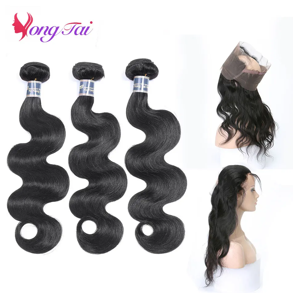 YuYongtai волос 360 синтетический Frontal шнурка с средства ухода за кожей волна 3 Связки 100% человеческие волосы перуанский волосы с ребенком
