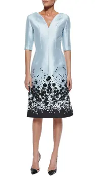 

Luxury New floral print women beaded dress fashion cutaway V-neck dresses with contrast hem