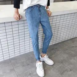 Мужские узкие брюки джинсы Брюки Полная длина брюки для подростков средняя талия повседневные синие джинсовые узкие брюки джинсы тонкий