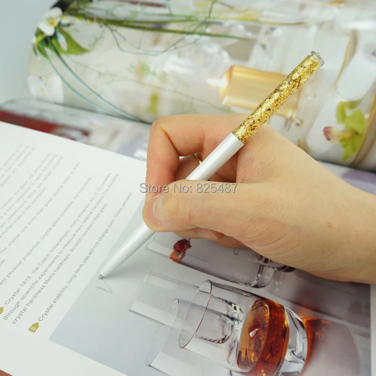 24K Gold Foil Pen With Crystal on top Ball Pen Elegant White Ballpoint