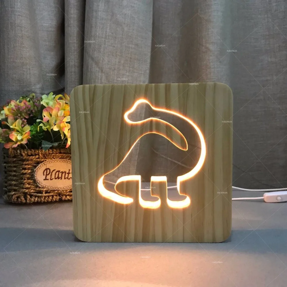 Теплый белый цвет динозавр лампа 3D Визуальный светодиодный деревянный ночник USB настольная лампа как детский подарок для украшения комнаты