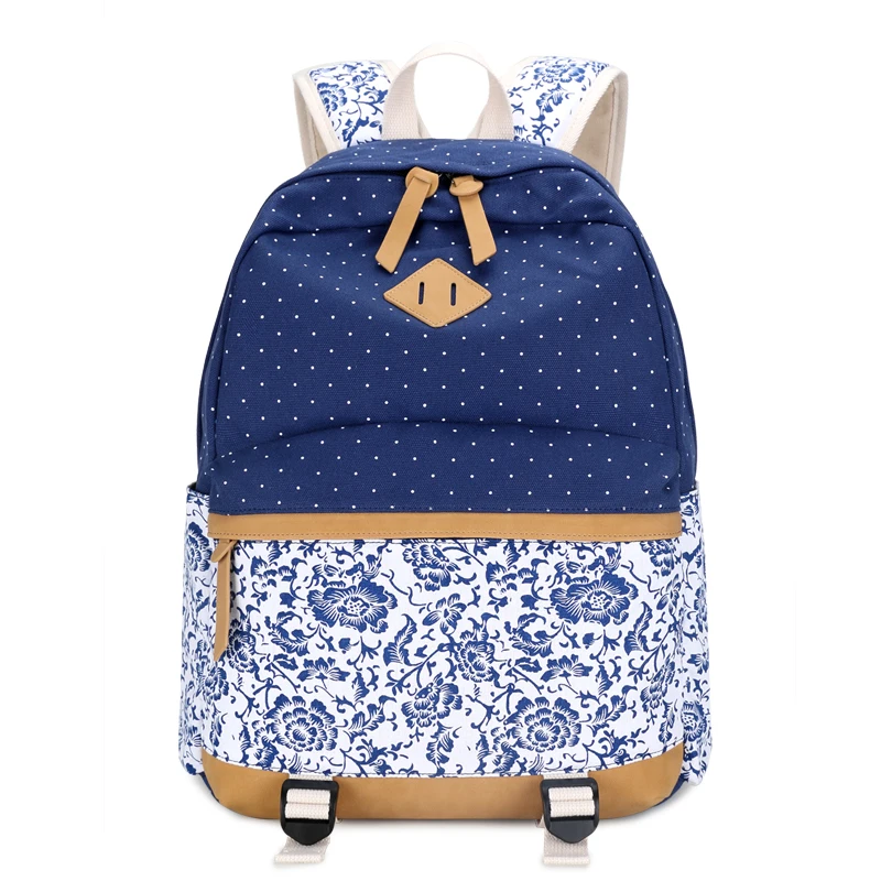 

navy blue floral fabric elementary school backpack fashion printing backpack for girls school bags dots backpacks for children