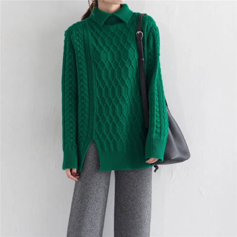Lâche Cachemire Femmes Épais Pull Émeraude Couleur Ourlet S Tordu Irrégulière Haut Large Manteau Chandail Col Ouvert m Longueur 100 Kint P5dIPq