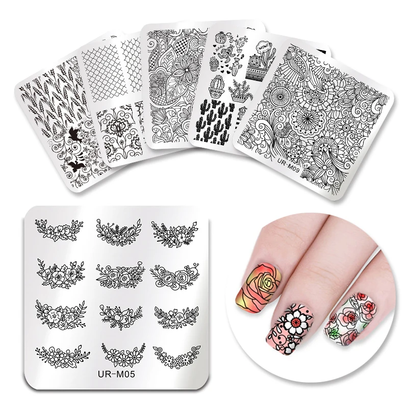 

UR SUGAR Round Square Stamping Template Elegant Floral Daisy Rose Wreath Flowers Series Manicure Nail Art DIY Plate M05