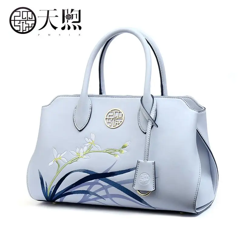 

Pmsix2018 High-quality luxury fashion high-grade cowhide new fashion orchid embroidered handbag leather shoulder bag wild art ba