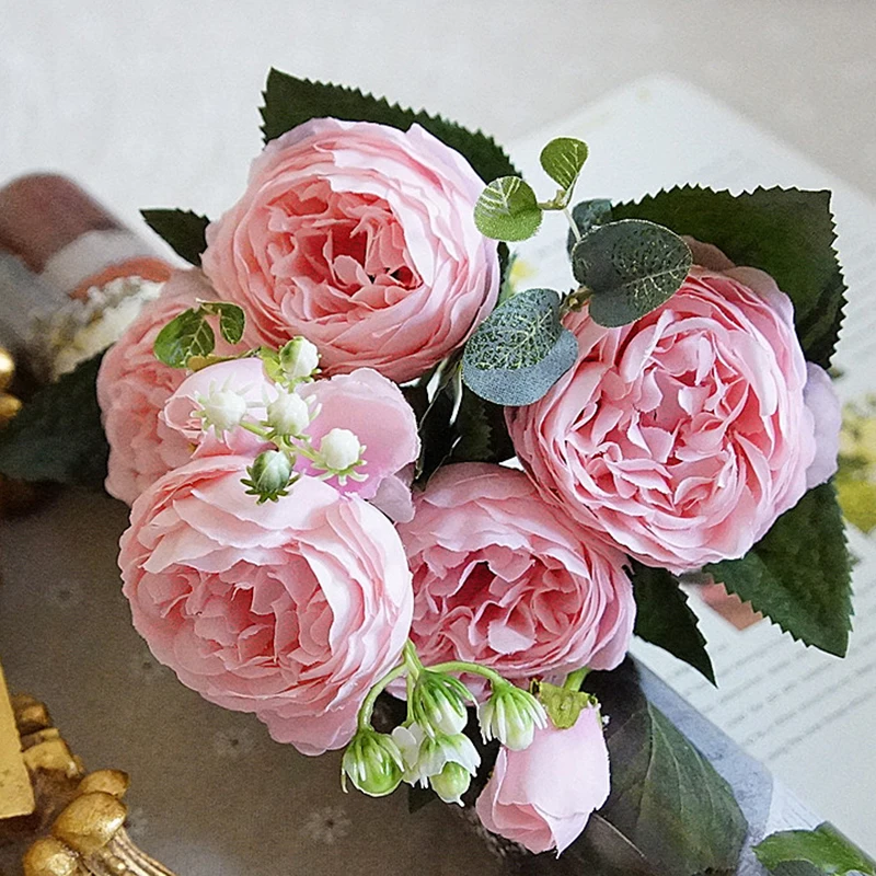 Красочные розы Пион Искусственные Шелковые цветы маленький букет Флорес домашние вечерние свадебные украшения свадебные искусственные цветы
