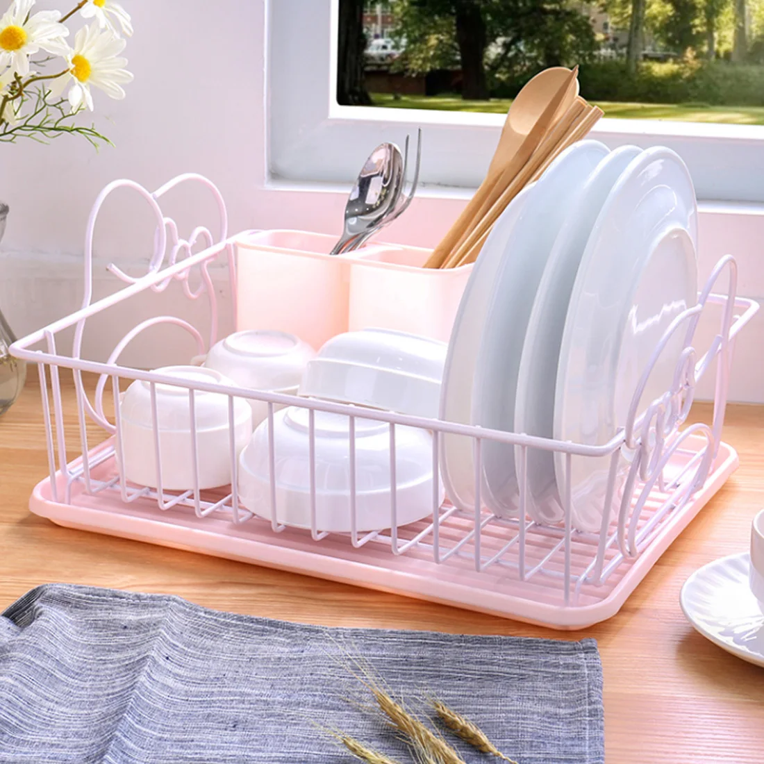 

Single Layer Bowl Chopstick Drain Rack Tableware Storage Shelf Plate Chopstick Holder with Dishcloth for Kitchen Storage - Pink