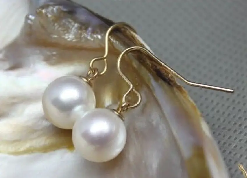 

Free Shipping >> new hot perfect round 9-10mm white AAA+ South Sea pearl dangle earring 14K