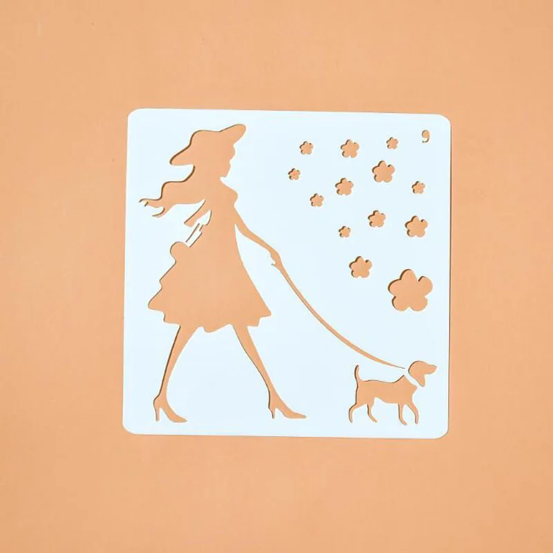 

Bullet Journal Openwork Beautiful Girl And Dog Stencil Material Engraving Drawing Stencil Scrapbooking Album Decorative Template
