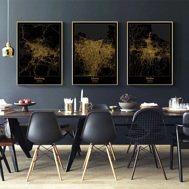 

Bandung Jakarta Medan Surabaya Indonesia City Map Black and Gold Map Canvas Art Print Wall Pictures for Living Room No Frame