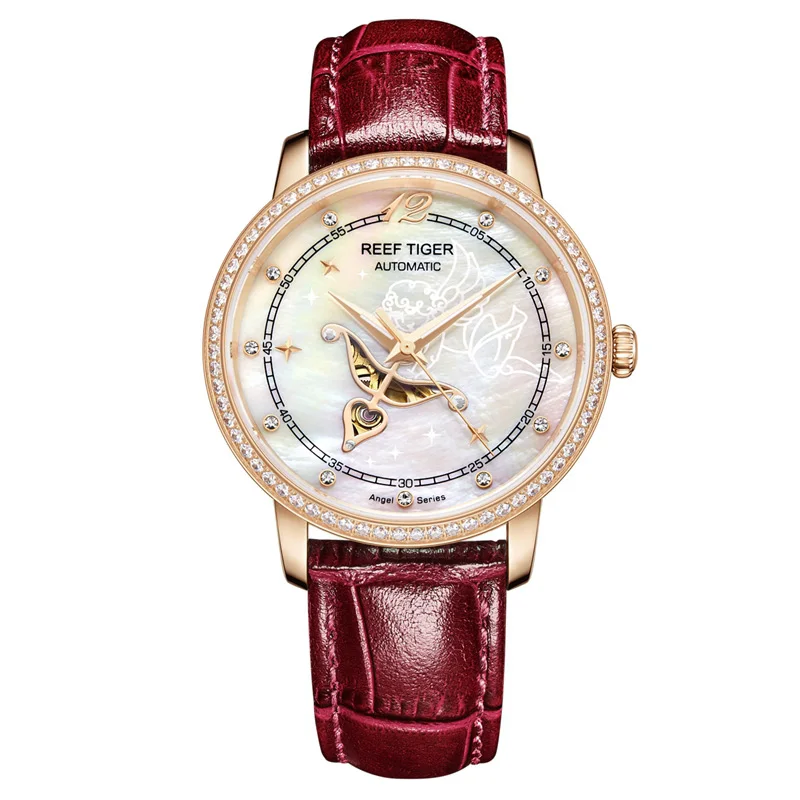 Reef Tiger/RT дизайнерские модные женские часы Reloj Mujer MOP Dial бриллианты Автоматическая телячья кожа водонепроницаемые часы RGA1550 - Цвет: 7