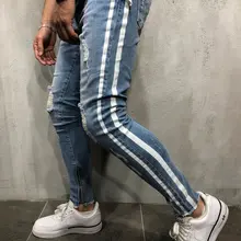 Обтягивающие джинсы для мужчин, потертые эластичные джинсы, голубые рваные узкие джинсы, прямые поставки, белая лента, дизайн
