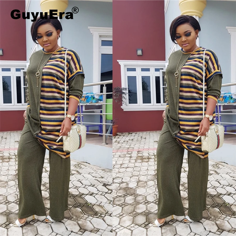 

GuyuEra African Dashiki Casual Print Stripe Stitching Two-piece Suit European and American Fashion Skirt Two Wear