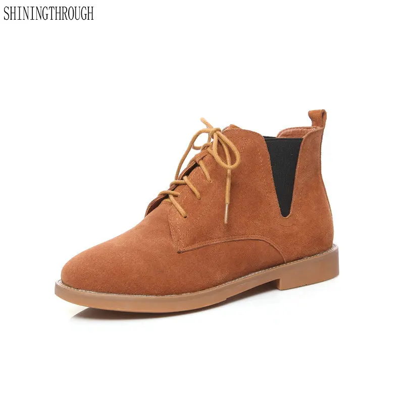 

Genuine Leather Boots Women Autumn flat Shoes woman rouned Toe Lace up Ankle Boots for Women Short Booties Ladies Ankle Boots