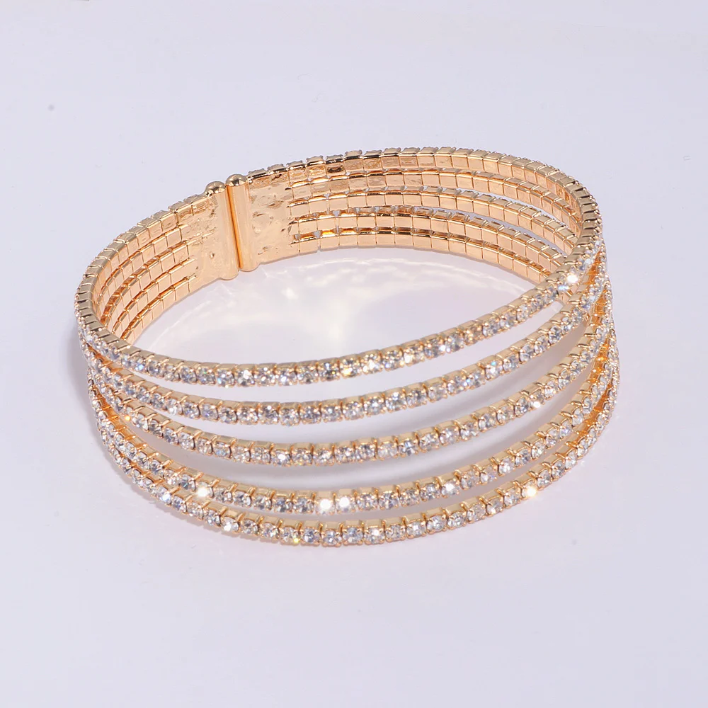 5 Rows Elegant Clear Rhinestone Bangle Bracelet Gold Color Crystal Bangles Wedding Bridal Jewelry Accessories For Women WX209 - Image 5