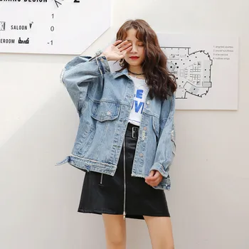 

New 2018 Spring Fashion Demin Coat Woman Holes Long Sleeve Fashion New Outwear Coat