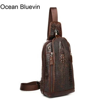 

OCEAN BLUEVIN New Genuine Leather Chest Pack Alligator Pattern Crossbody chest bag casual small shoulder bag for male man bag