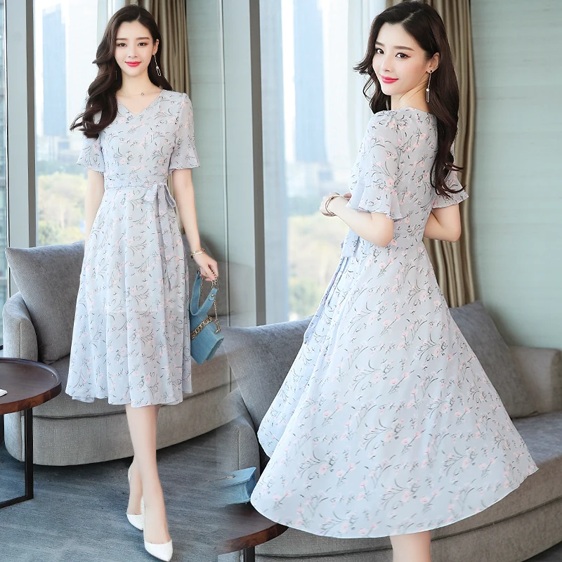 Summer Print Floral Party Women Dress Blue Elegant Lady Vacation Lacing Midi A-line Vintage Korean Chiffon Vestido New Arrivals