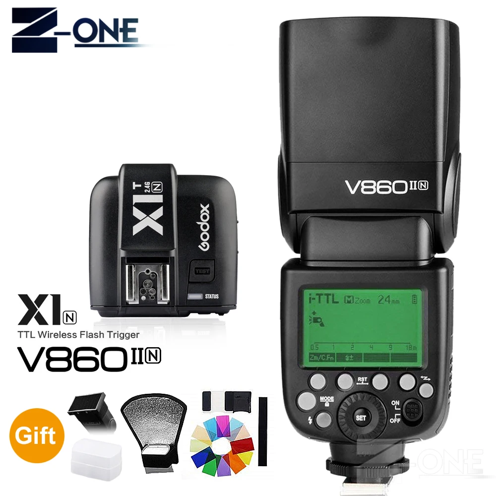 Godox V860II V860II-N GN60 i-TTL HSS 1/8000s Speedlite Flash w/ Li-ion Battery + X1T-N Flash Transmitter for Nikon Camera Godox V860II V860II-N GN60 i-TTL HSS 1/8000s Speedlite Flash w/ Li-ion Battery + X1T-N Flash Transmitter for Nikon Camera