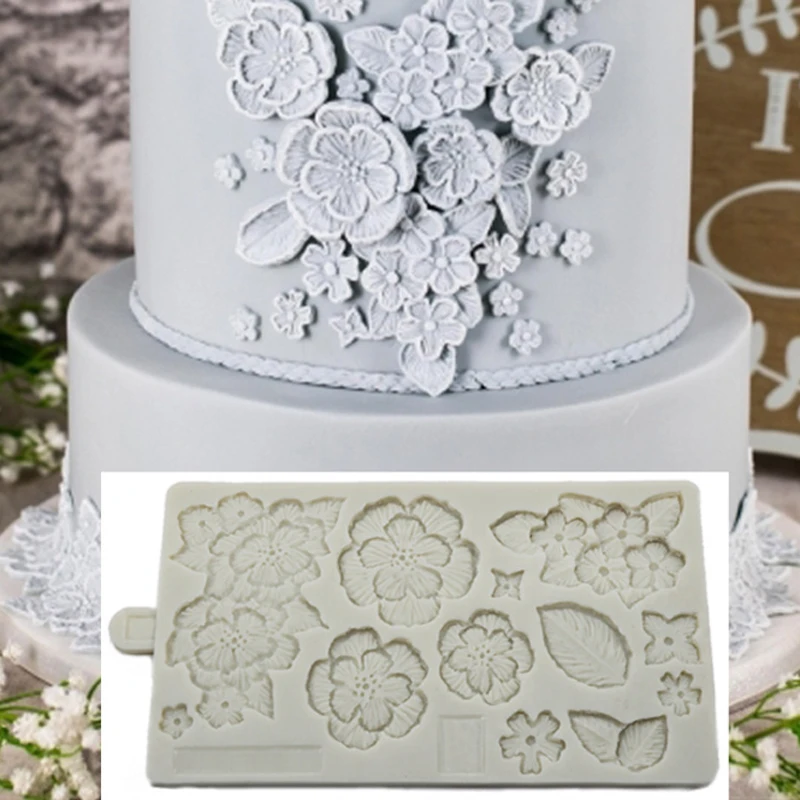 Variety of Flowers Silicone Fondant Mold Cake Decorating Tool Chocolate Gumpaste Mold Lace Impression Mold Cake Border Brim Rind Decor Mold Craft Sugar Baking Moulds DIY Embossing Pad Cooking Supplies 