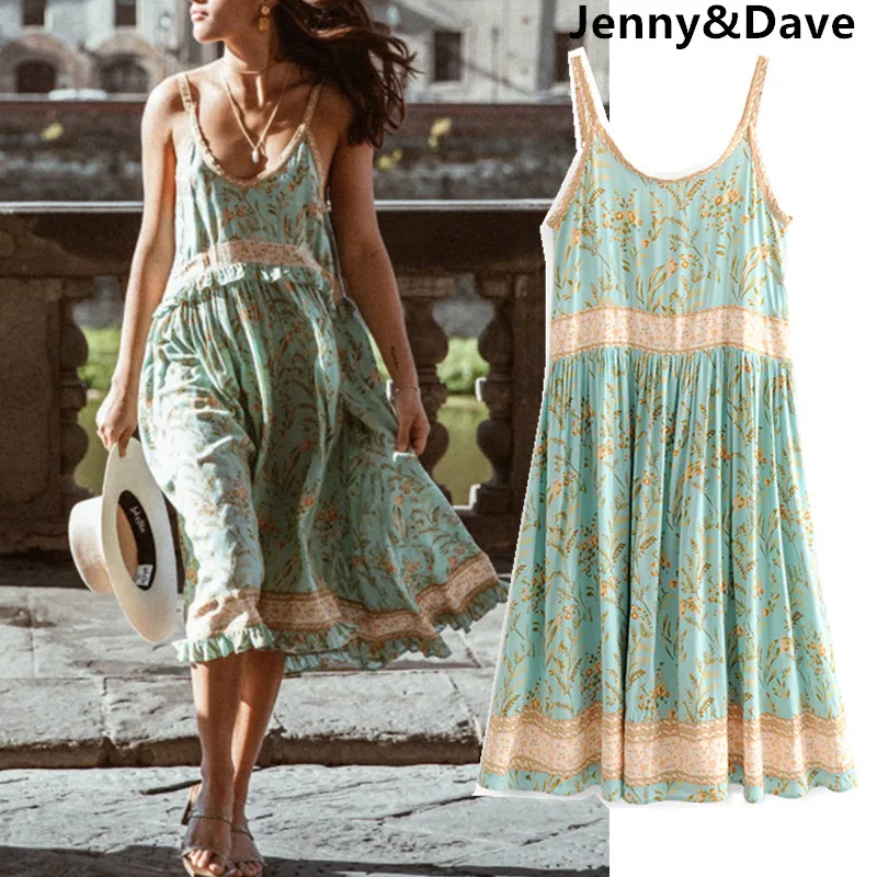 

Jenny&Dave 2019 spring summer dress women vestidos bohemian Turquoise print vestidos de fiesta party dress 2 pieces set 0527