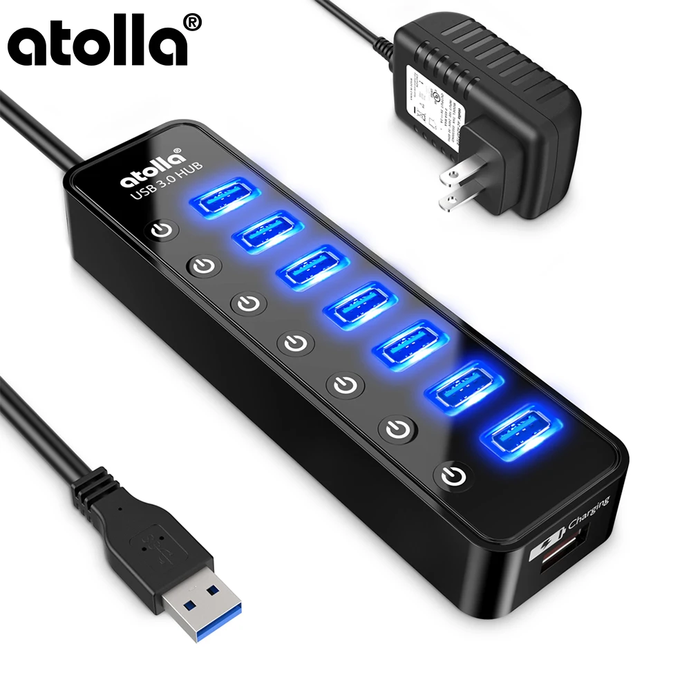 Atolla USB 3,0 концентратор 7 портов USB разветвитель с переключателями+ 1 умный порт зарядки, высокоскоростной USB разветвитель 5 Гбит/с, с адаптером питания