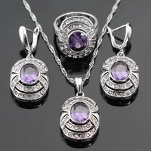 Regalo de navidad de Plata Sistemas de La Joyería Para Las Mujeres de Color Púrpura Blanco Cubic Zirconia Pendientes/Collar/Anillo/Pendiente Del Envío caja